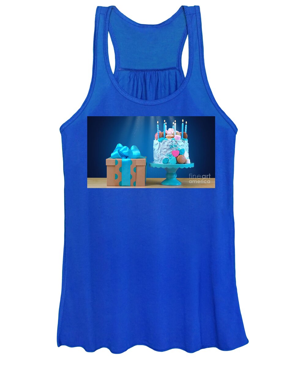 Anniversary Women's Tank Top featuring the photograph Blue birthday celebration showstopper cake by Milleflore Images