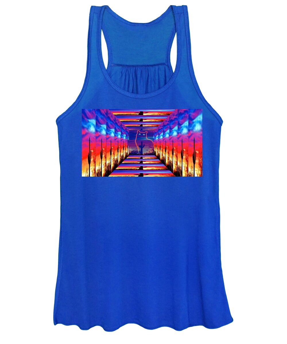 Abstract Women's Tank Top featuring the photograph Cat in the Hall of the Silhouetted Cacti Sunsets by Judy Kennedy