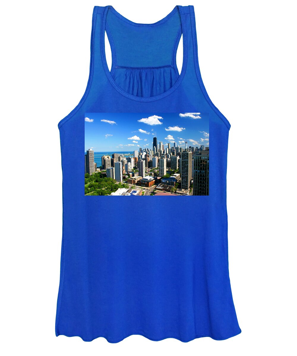 Architecture Women's Tank Top featuring the photograph Chicago Gold Coast Aerial Skyline Blue Sky by Patrick Malon
