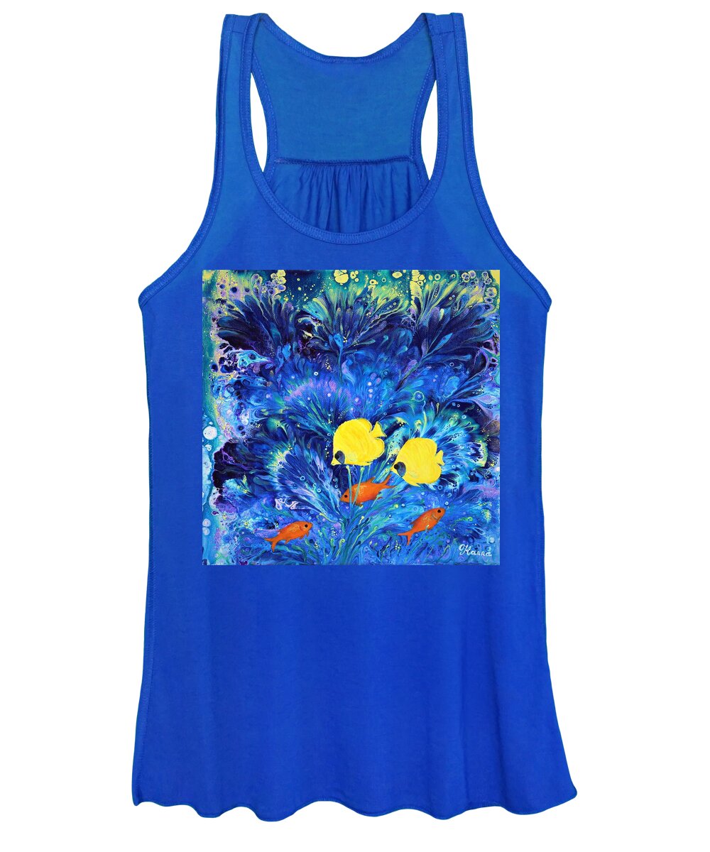 Wall Art Home Decor Deep Ocean Fish Yellow Fish Aquarium Gifts Ocean Sea Fish Sea Acrylic Abstract Painting Pouring Art Fluid Painting Acrylic Pouring Technique Art Red Fish Seaweed Women's Tank Top featuring the painting Deep Ocean by Tanya Harr