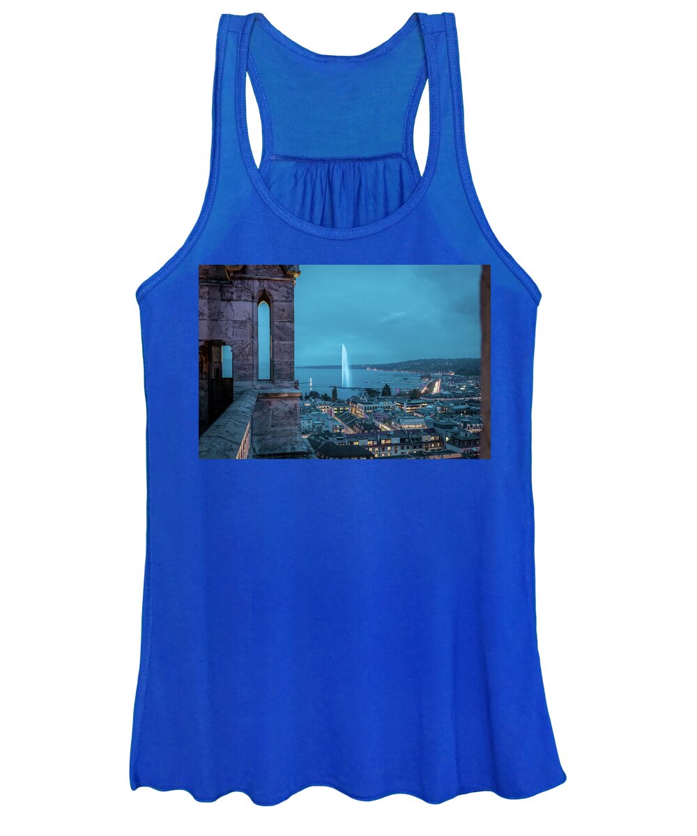City Street Women's Tank Top featuring the photograph Geneva downtown district and Jet d'eau by night by Benoit Bruchez