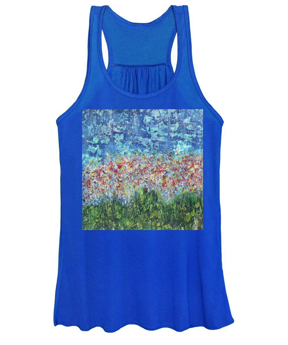 Painting Of A Garden Women's Tank Top featuring the painting IMPRESSIONIST'S GARDEN Abstract Flowers in Blue Red Green by Lynnie Lang