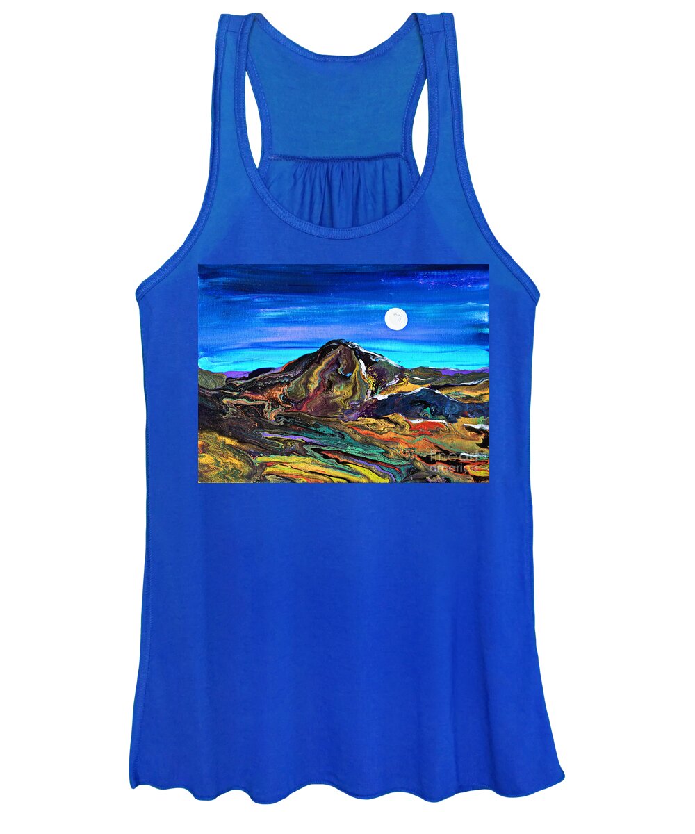 Full Moon Night Scene Landscape Dynamic Colorful Organic Dimensional Dramatic Mountain Women's Tank Top featuring the painting Moon Mountain #6714 A by Priscilla Batzell Expressionist Art Studio Gallery