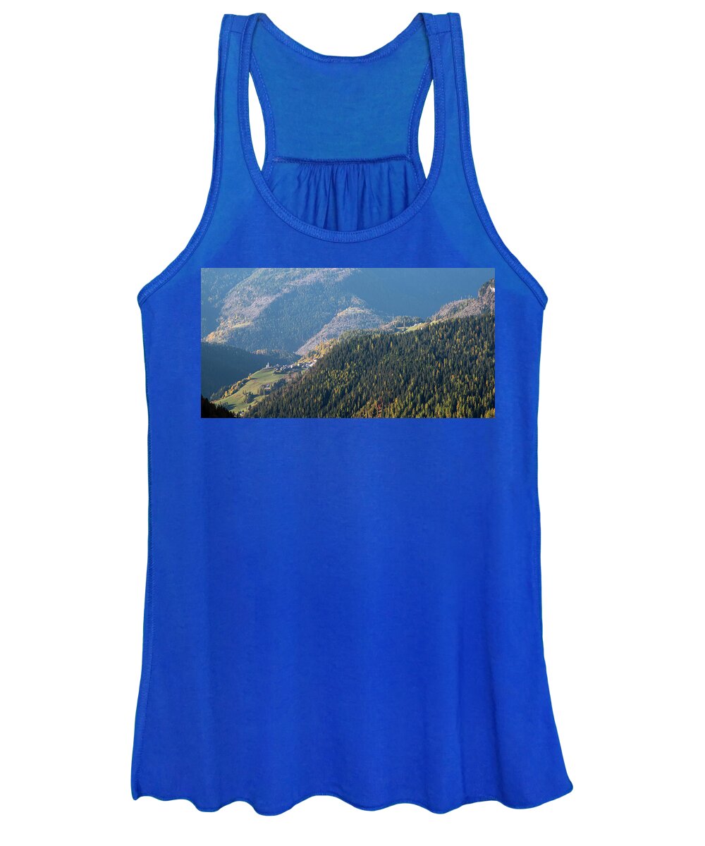 Passo Di Giau Women's Tank Top featuring the photograph Mountain landscape with forest in the Italian alps. by Michalakis Ppalis