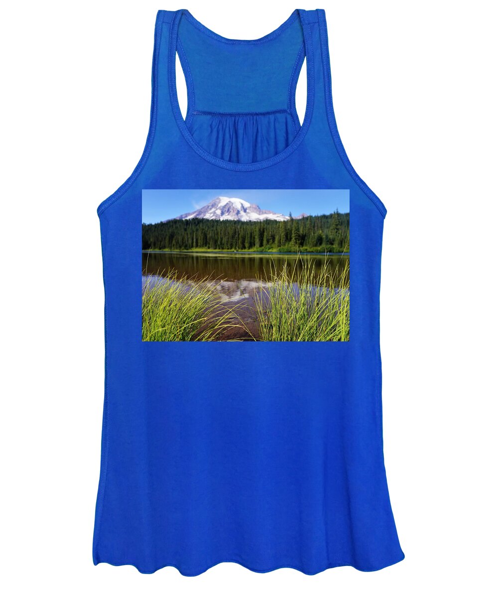 Mt Rainier Women's Tank Top featuring the photograph Mt Rainier Reflected with Reeds by Peter Mooyman