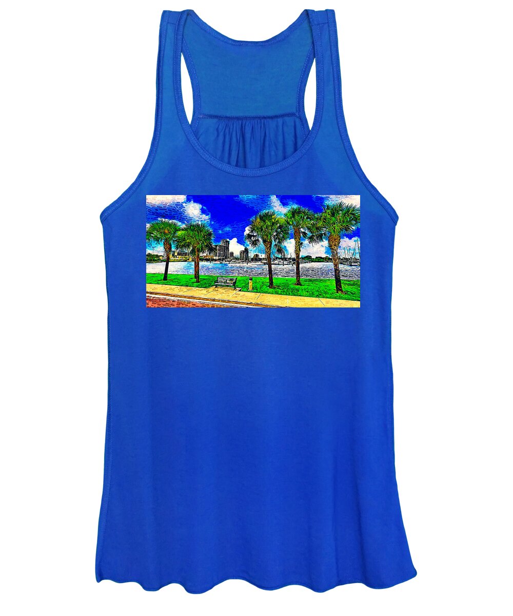 South Yacht Basin Women's Tank Top featuring the digital art South Yacht Basin and downtown St. Petersburg, Florida - impressionist painting by Nicko Prints