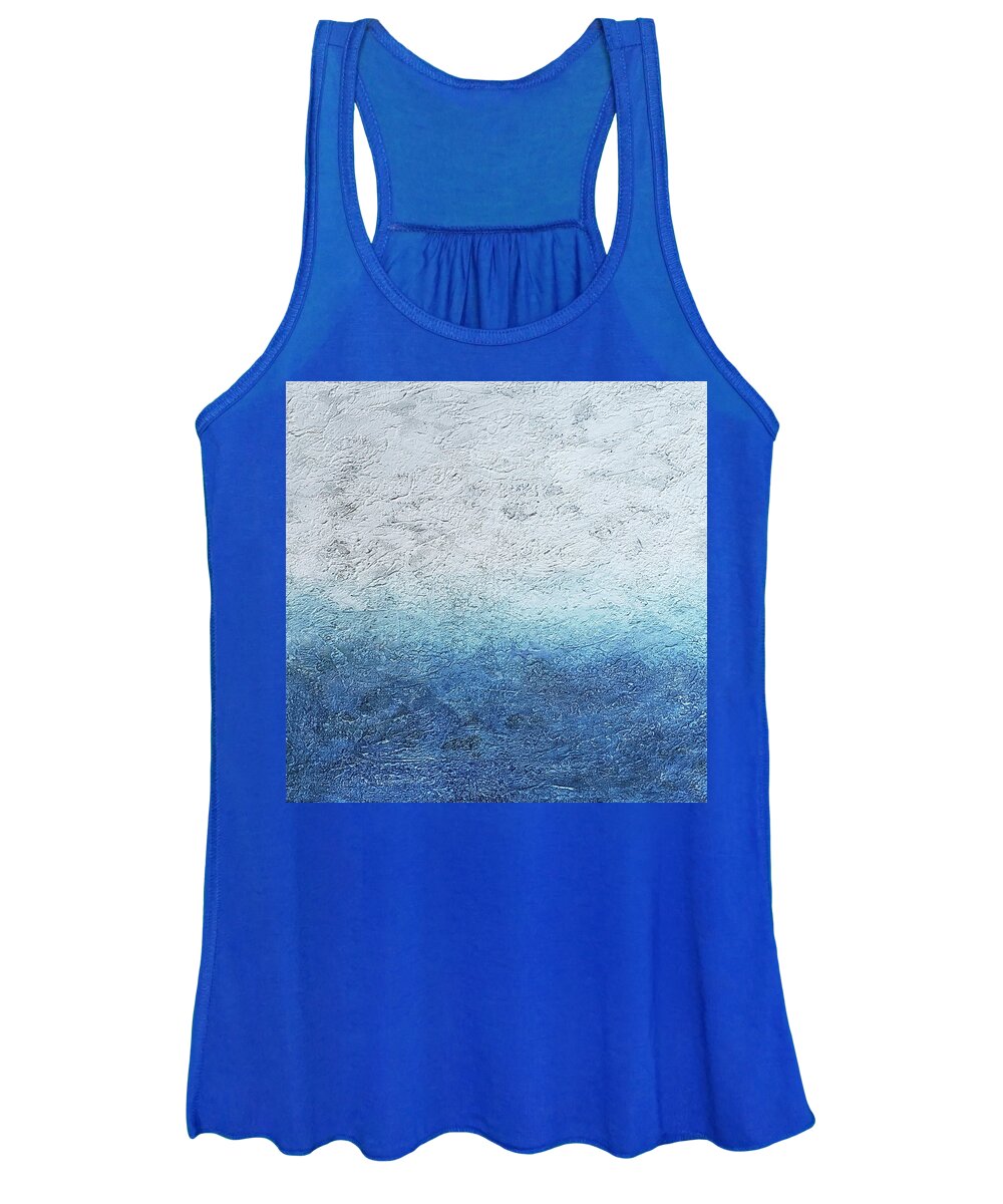 Blue Wall Art Women's Tank Top featuring the painting STORMY HORIZON Coastal Abstract in Blue and White by Lynnie Lang
