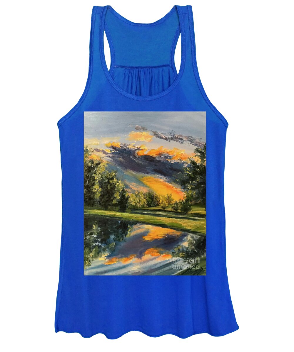 Original Oil Painting Women's Tank Top featuring the painting Sunset Reflections by Sherrell Rodgers