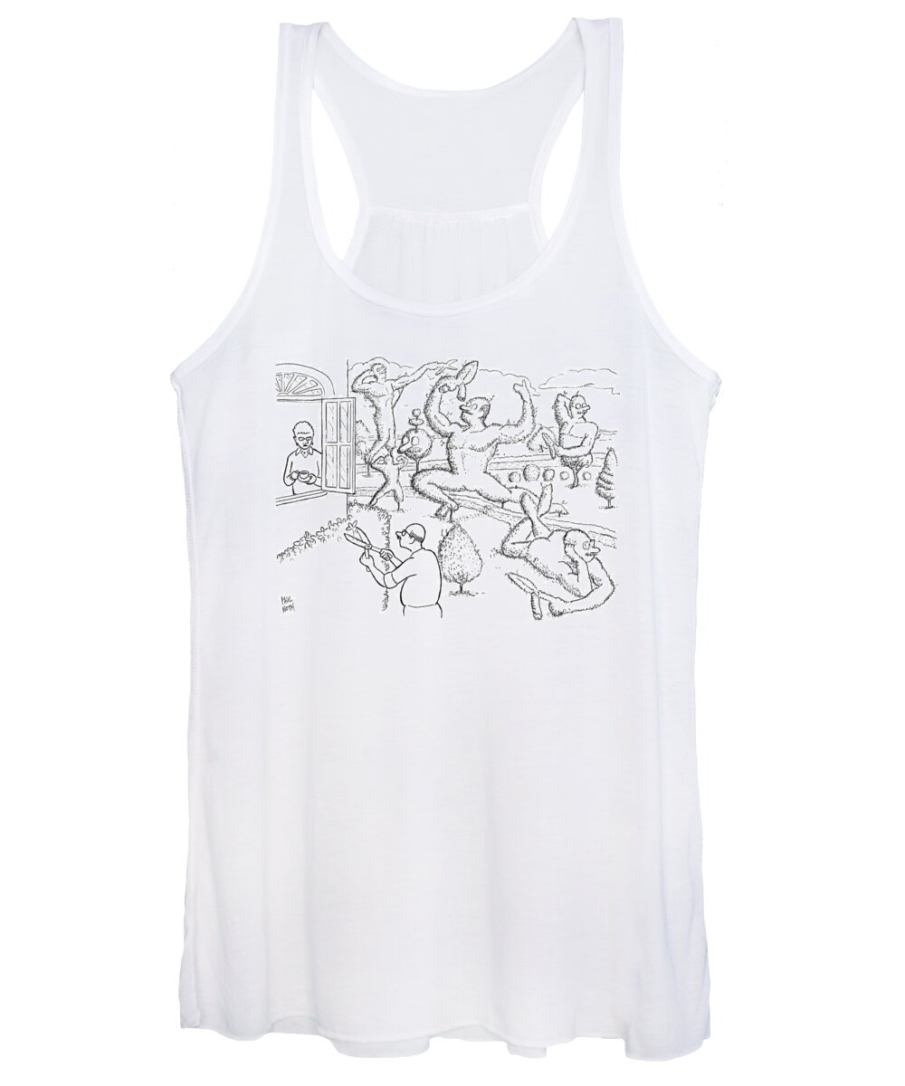 Garden Women's Tank Top featuring the drawing A Woman Is Seen Speaking To A Man Who Is Pruning #1 by Paul Noth