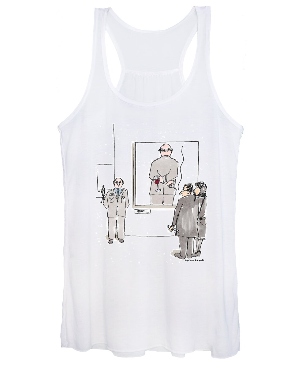 (couple Looking At Museum Guard Standing With Arms Behind His Back And A Painting Depicting Him From Behind Holding A Glass Of Wine And A Cigarette In His Hands.) Art Women's Tank Top featuring the drawing New Yorker December 7th, 1998 #1 by Michael Crawford