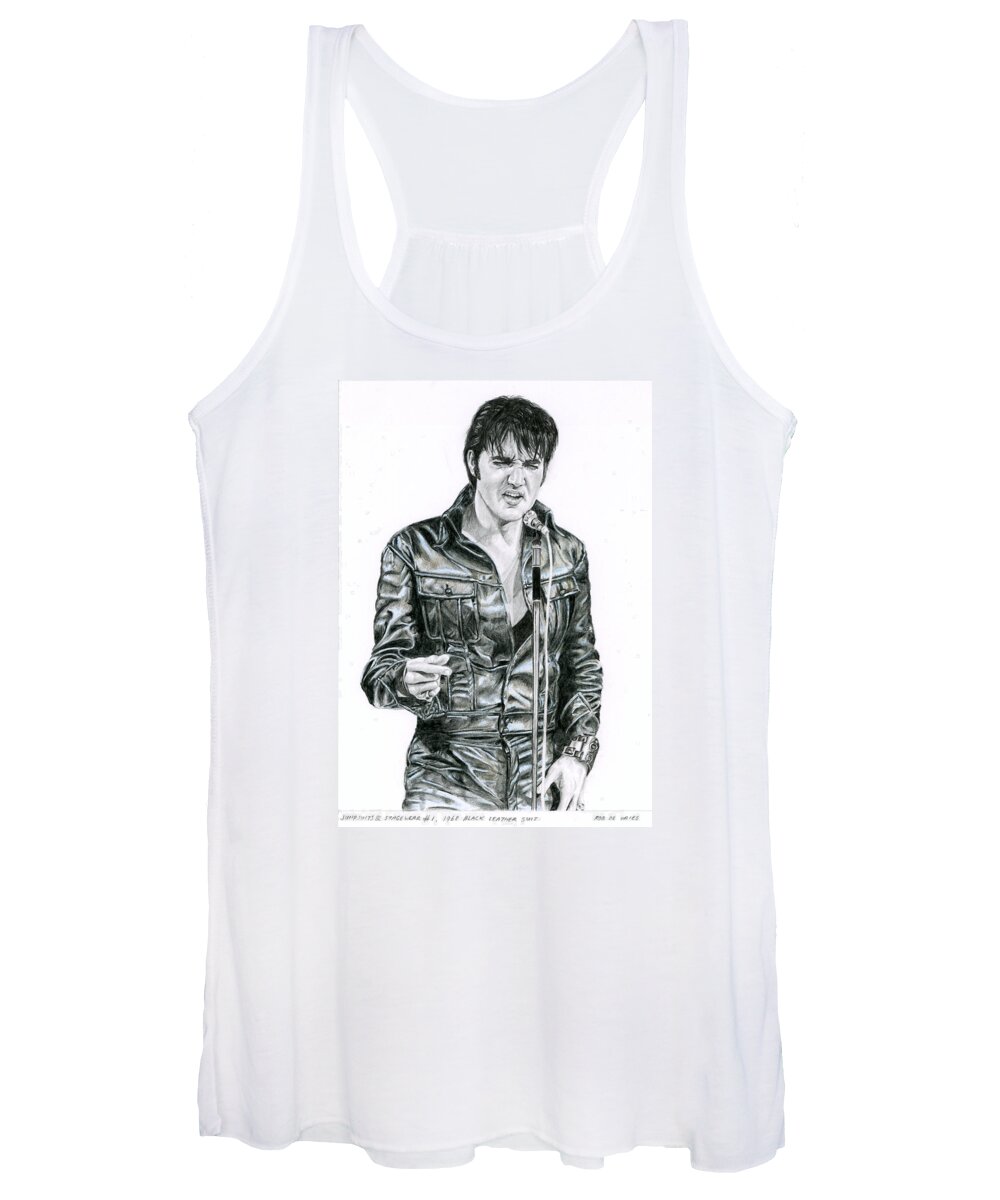 Elvis Women's Tank Top featuring the drawing 1968 Black Leather suit by Rob De Vries