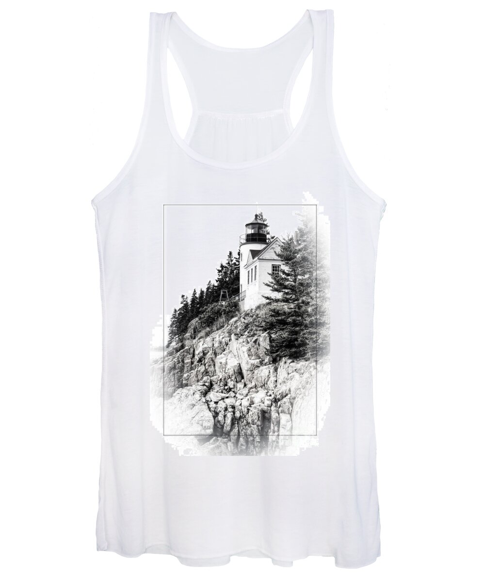 Bass Harbor Women's Tank Top featuring the photograph Bass Harbor Light in Black and White by David Birchall