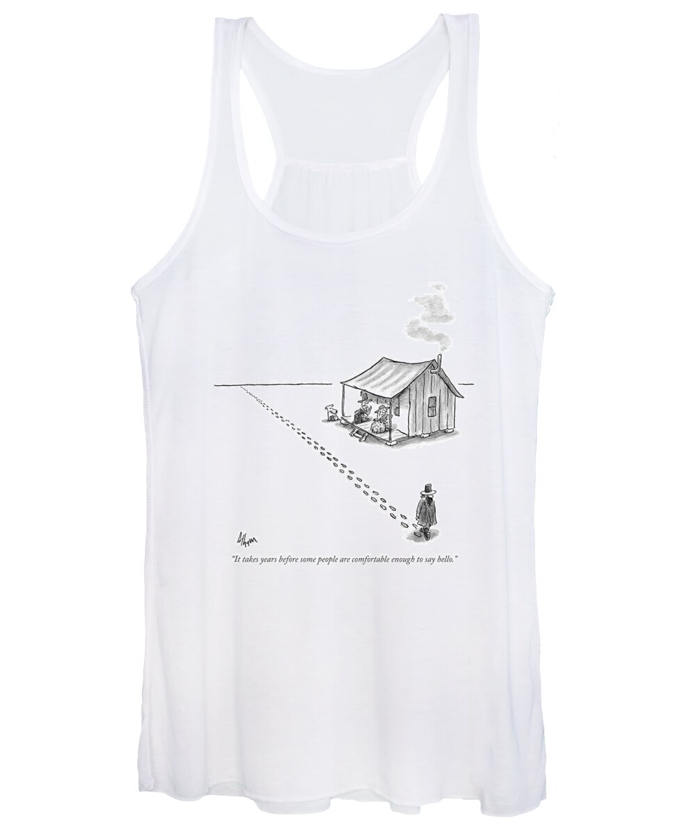 Desert Isle Introductions Neighbors 

(man In Desert Walks Past Shack With Couple On Porch Without Stopping.) 121012 Fco Frank Cotham Women's Tank Top featuring the drawing It Takes Years Before Some People Are Comfortable by Frank Cotham