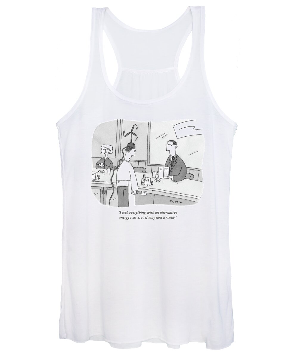 Green Movement Women's Tank Top featuring the drawing I Cook Everything With An Alternative Energy by Peter C. Vey