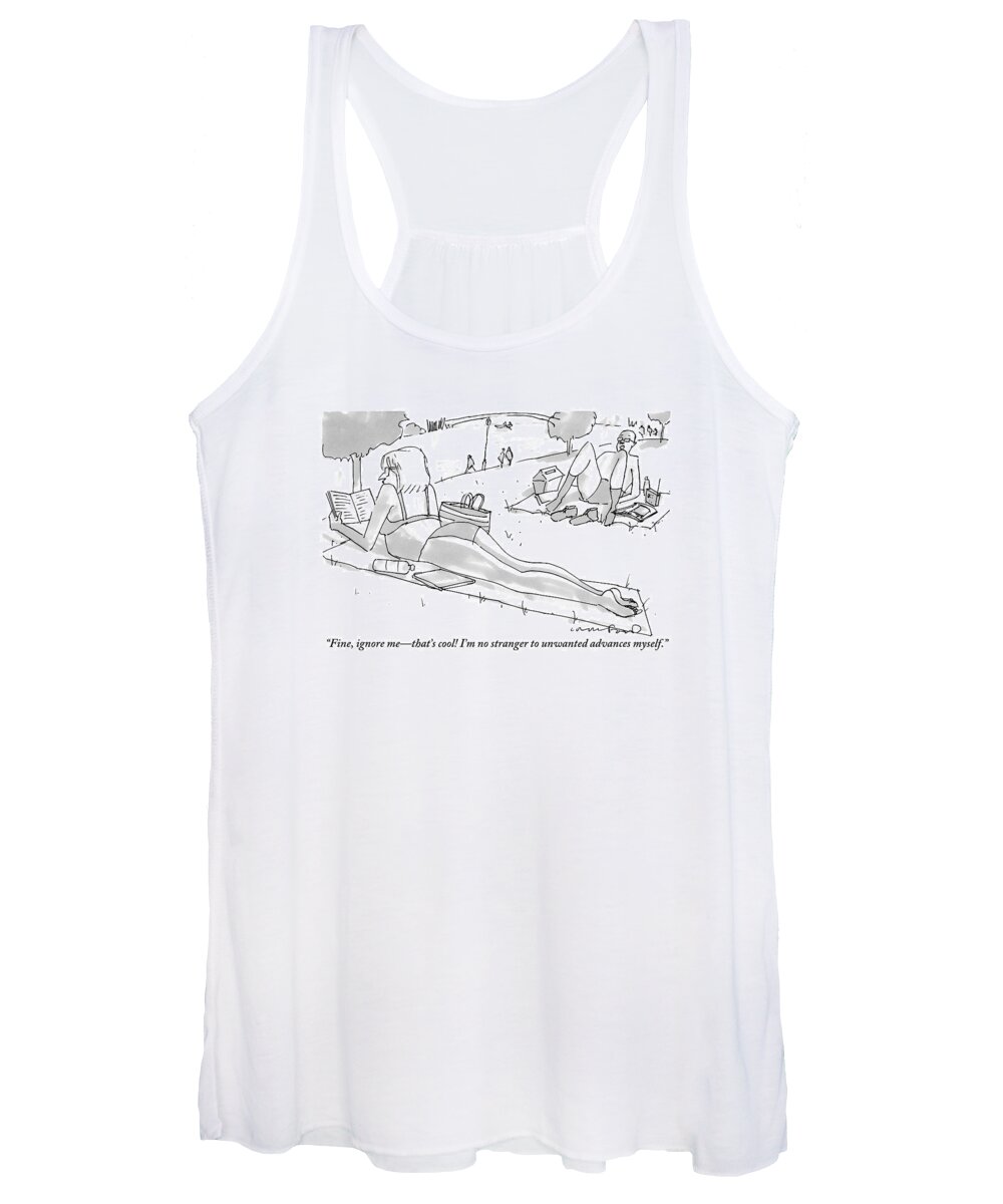 Love Scene Women's Tank Top featuring the drawing A Bald Man Sunning Himself On The Beach Tries by Michael Crawford