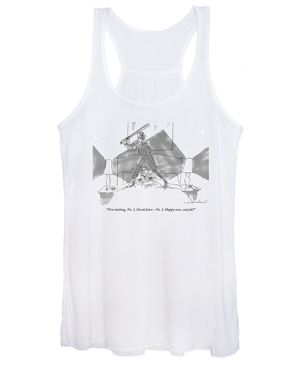 A Baseball Player About To Take A Swing Stands Over A Woman Reading In Bed. Baseball Women's Tank Top featuring the drawing A Baseball Player About To Take A Swing Stands by Michael Crawford