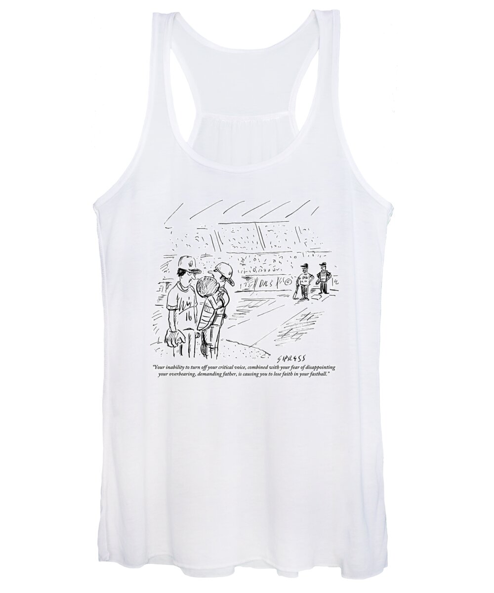 Baseball-pitchers Women's Tank Top featuring the drawing A Catcher Speaks To A Baseball Player by David Sipress