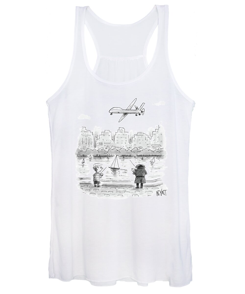 Remote Women's Tank Top featuring the drawing A Child Holding A Remote Control Stands In Front by Christopher Weyant