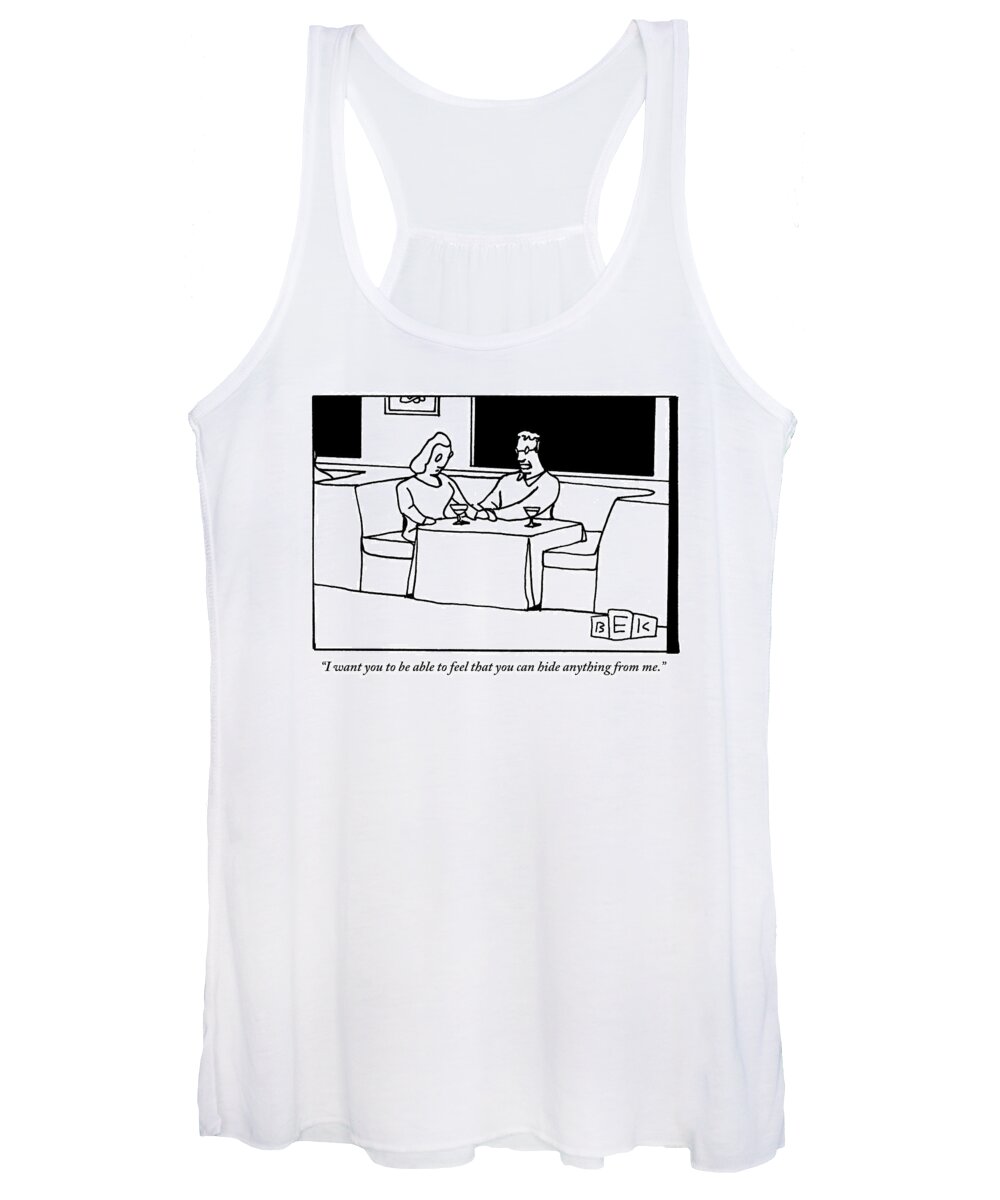 Secrets Women's Tank Top featuring the drawing A Couple Hold Hands On Top Of The Table by Bruce Eric Kaplan