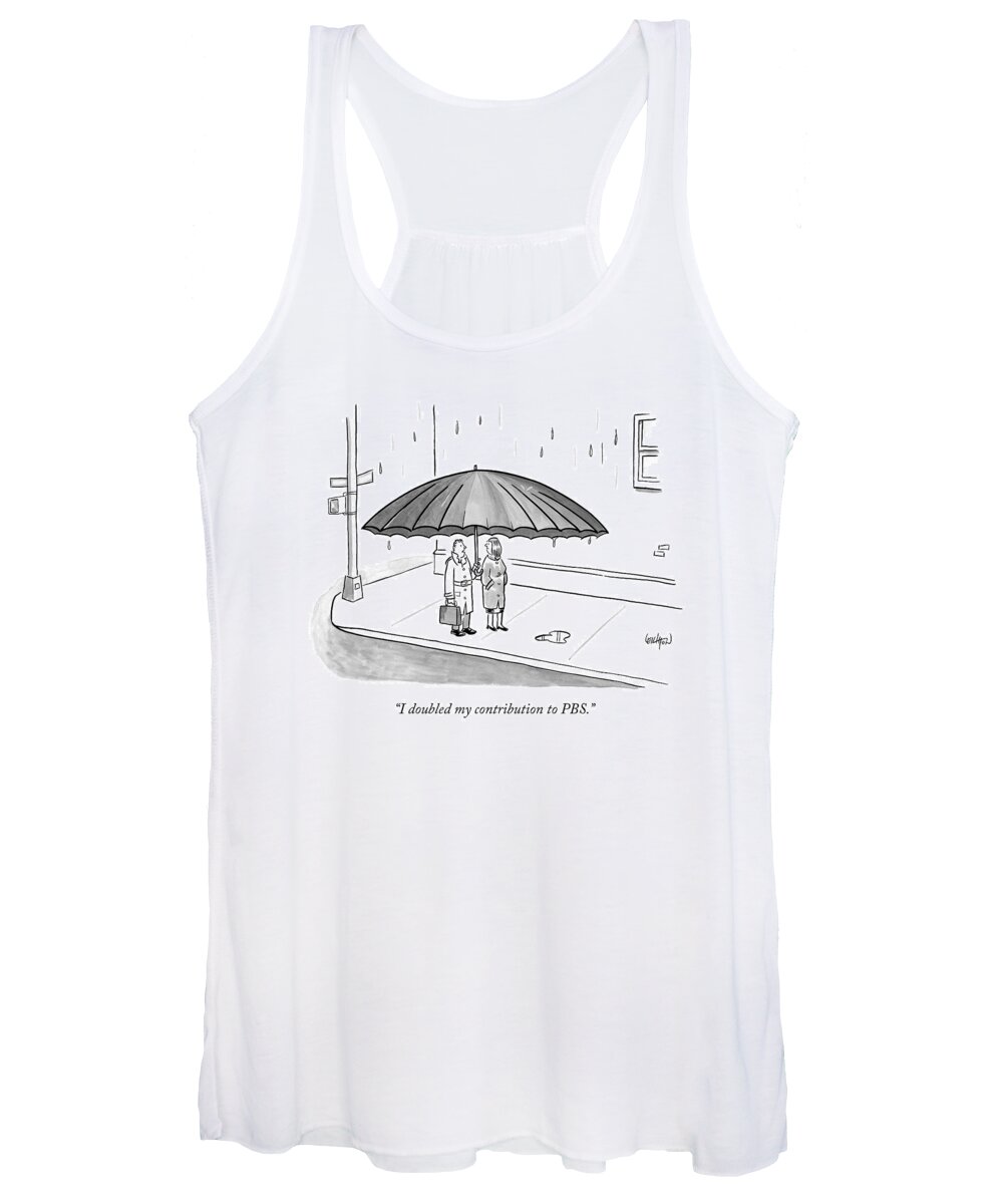 Umbrella Women's Tank Top featuring the drawing A Couple Under A Gigantic Umbrella On A City by Robert Leighton