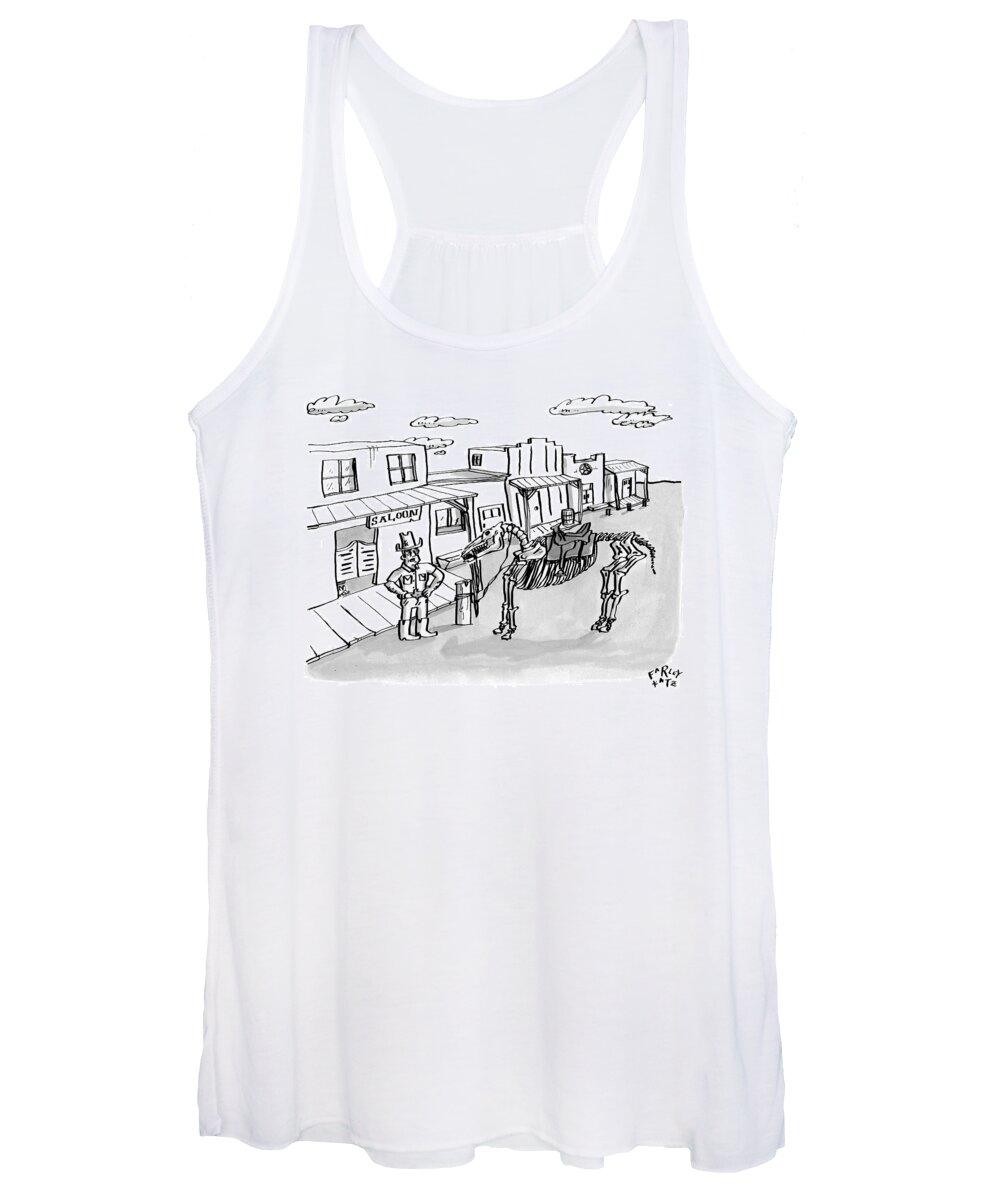 Cowboy Women's Tank Top featuring the drawing A Cowboy Is Seen Standing Next To A Horse by Farley Katz