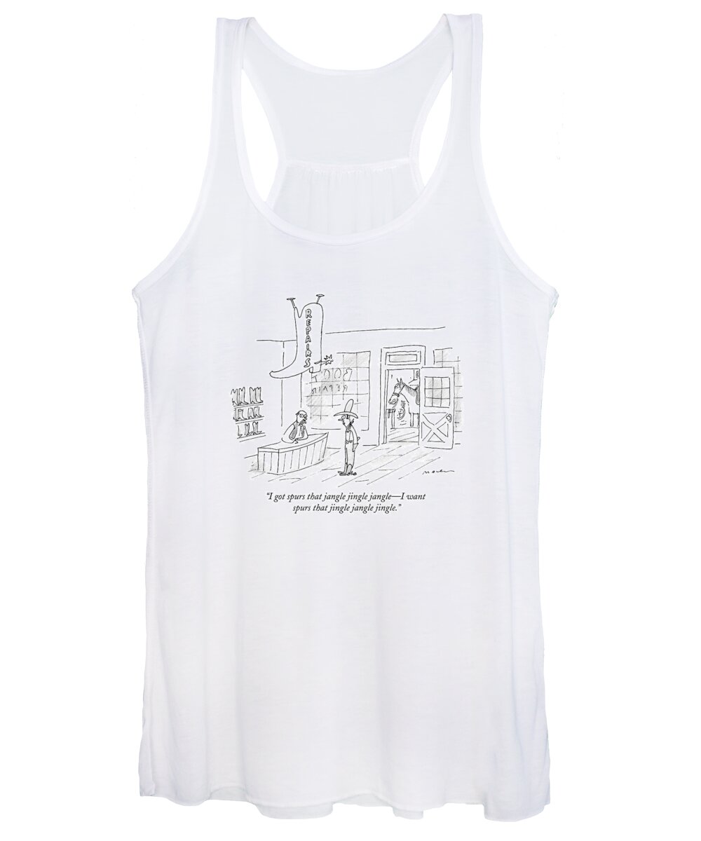 Cowboy Women's Tank Top featuring the drawing A Cowboy Talks To The Shopkeeper Of A Boot Spurs by Michael Maslin