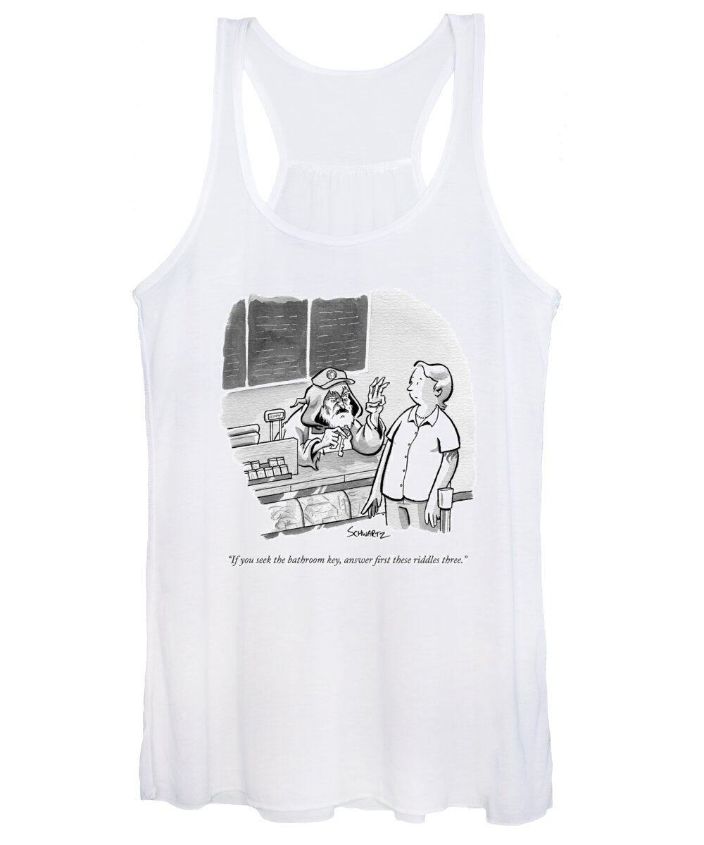 Riddles Three Women's Tank Top featuring the drawing A Creepy Convenience Store Clerk Dangles A Key by Benjamin Schwartz