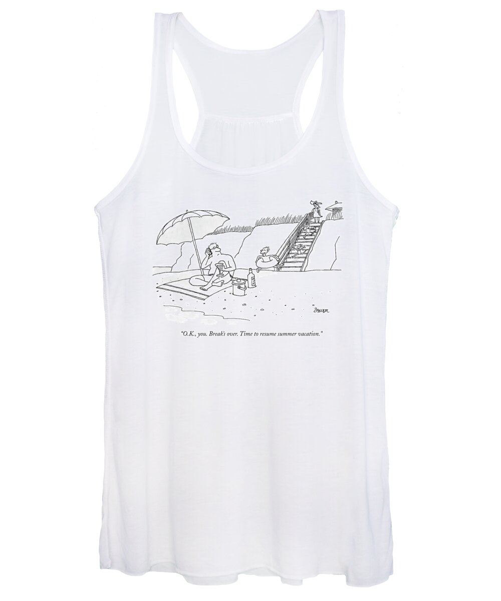 Beach Women's Tank Top featuring the drawing A Dad Seated Beneath An Umbrella At The Beach by Jack Ziegler