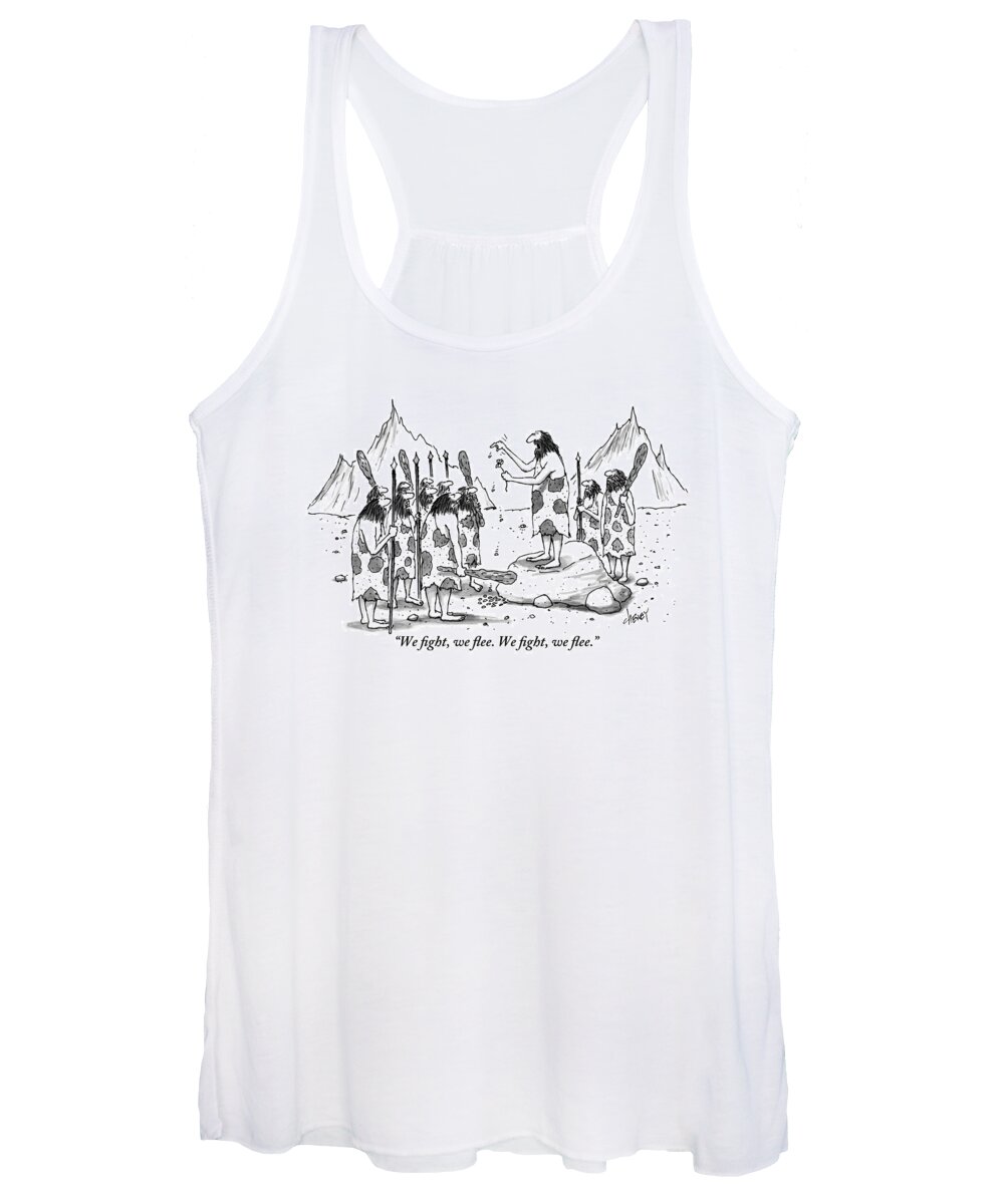 Cavemen Women's Tank Top featuring the drawing A Group Of Cavemen Gather Around A Leader by Tom Cheney