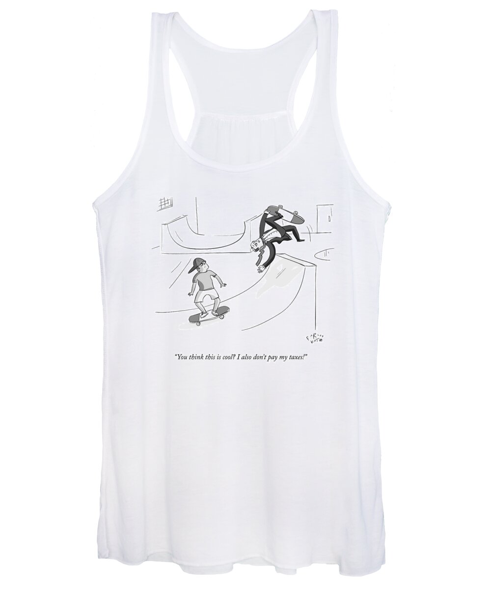 Skateboard Women's Tank Top featuring the drawing A Guy In A Suit Does A Flip On A Skateboard by Farley Katz