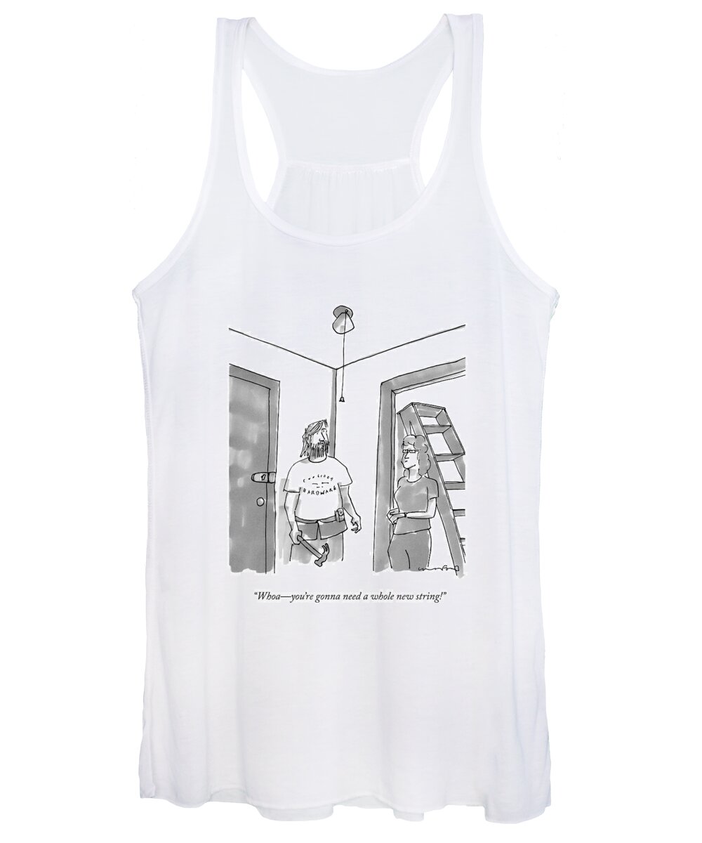 #condenastnewyorkercartoon Women's Tank Top featuring the drawing A Handyman Looks Up At A Pull-string Light Bulb by Michael Crawford