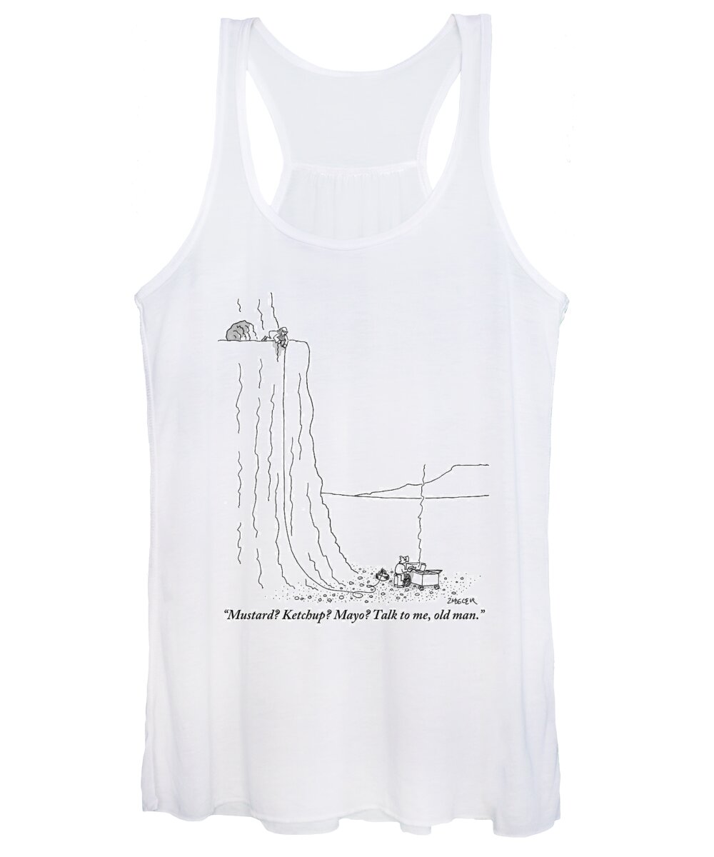 Gurus Women's Tank Top featuring the drawing A Hot Dog Vender At The Foot Of A Mountain by Jack Ziegler
