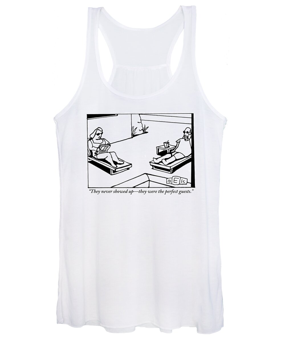 Guests Women's Tank Top featuring the drawing A Husband And Wife Recline Next To Their Pool by Bruce Eric Kaplan