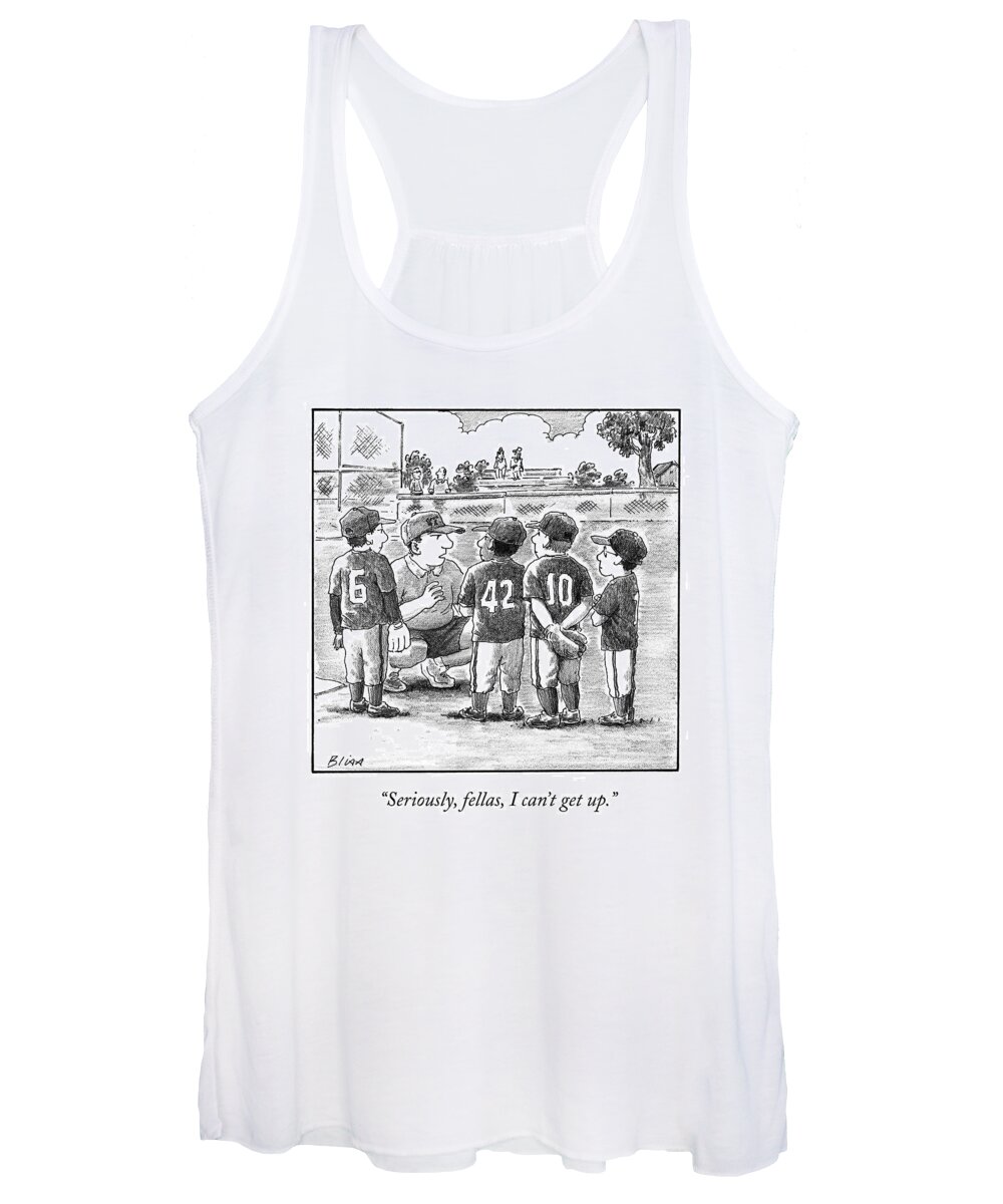 Little League Women's Tank Top featuring the drawing A Little-league Baseball Coach Crouches To Talk by Harry Bliss