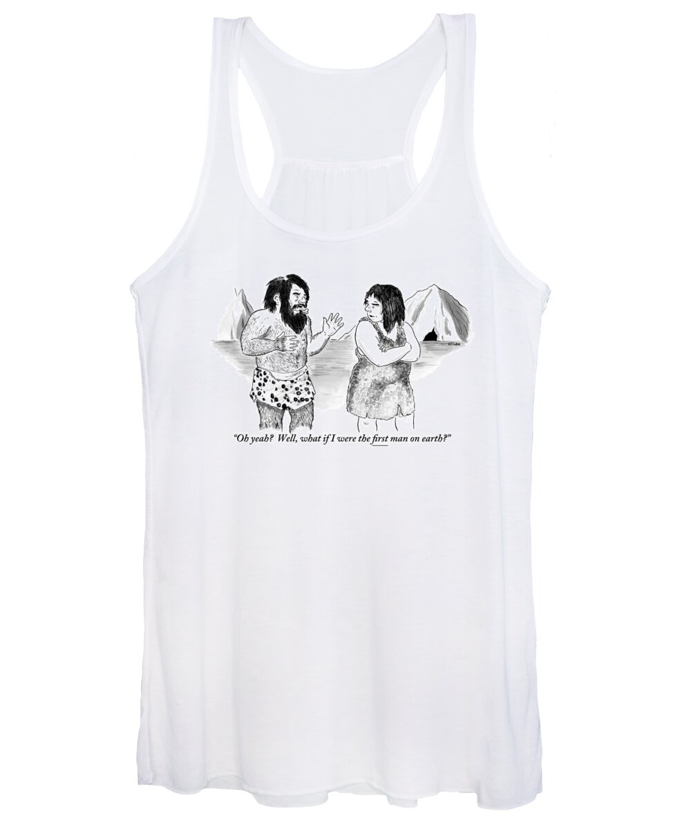 Cave Dwellers Women's Tank Top featuring the drawing A Loincloth-wearing Caveman Speaks To An by Emily Flake