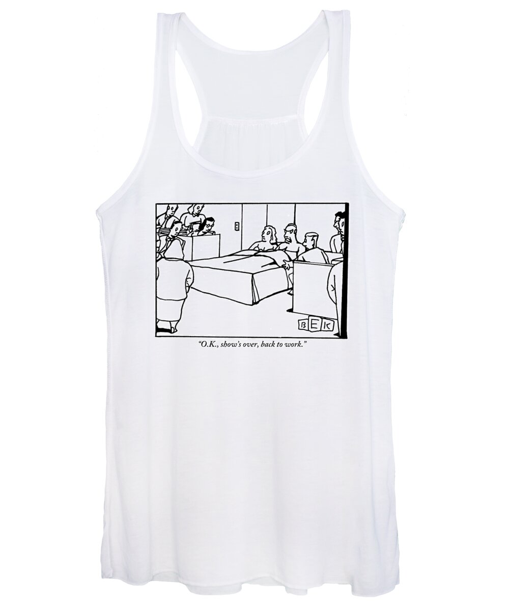 Sex Women's Tank Top featuring the drawing A Man And Woman Are Sitting In Bed In The Middle by Bruce Eric Kaplan