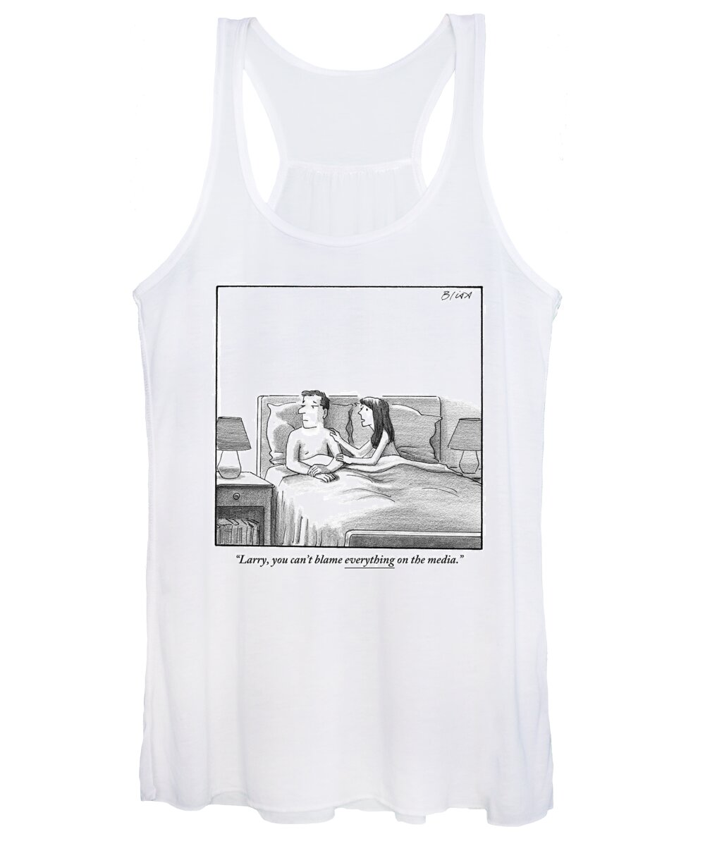 Sex Women's Tank Top featuring the drawing A Man And Woman Lie In Bed. She Touches by Harry Bliss