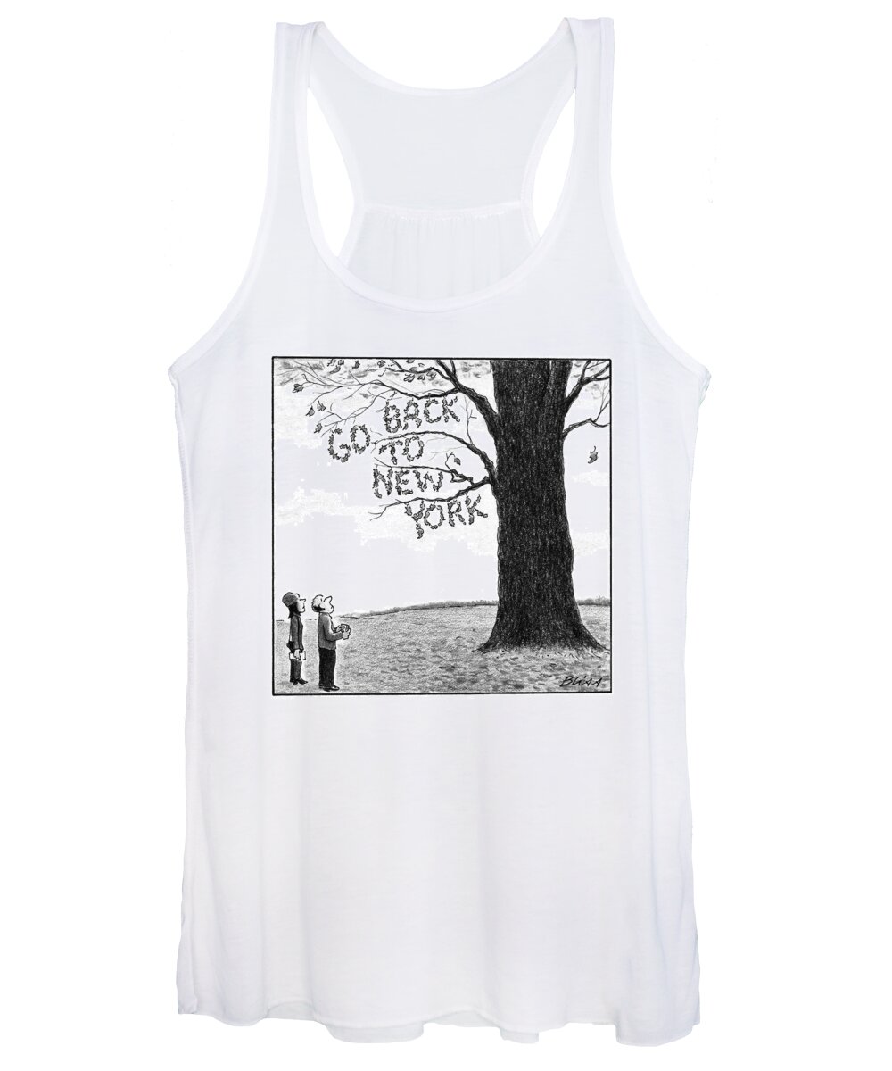 Leaves Women's Tank Top featuring the drawing A Man And Woman Look At A Single Tree In A Field by Harry Bliss