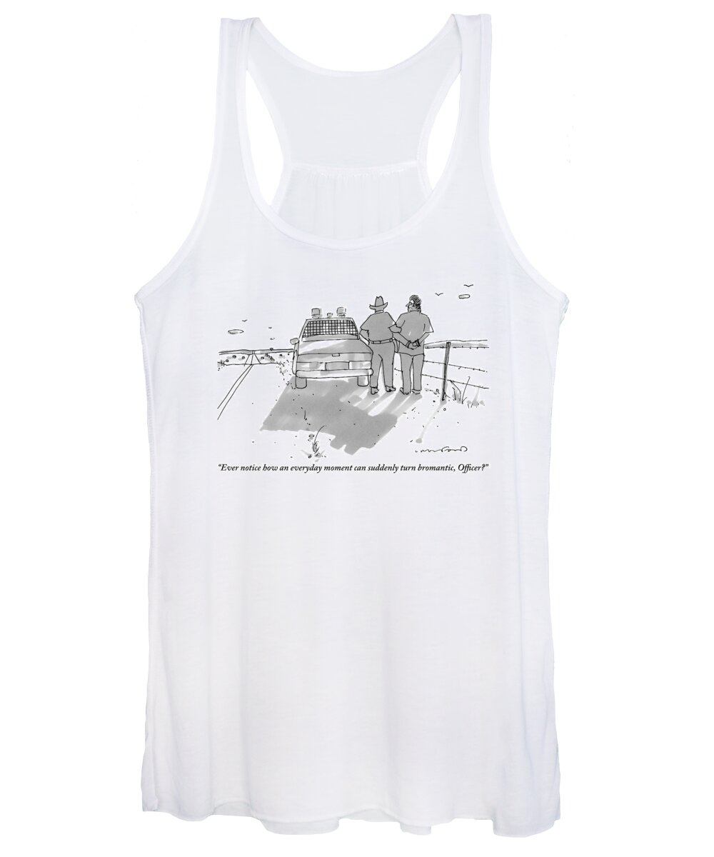 Police Women's Tank Top featuring the drawing A Man Being Arrested On The Side Of A Road Speaks by Michael Crawford