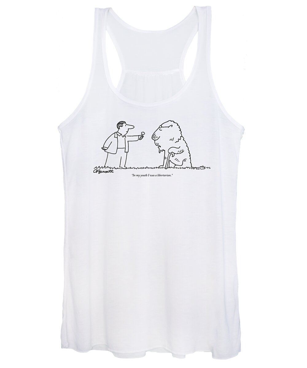 Glasses Women's Tank Top featuring the drawing A Man Holding A Microphone To A Lion Wearing by Charles Barsotti