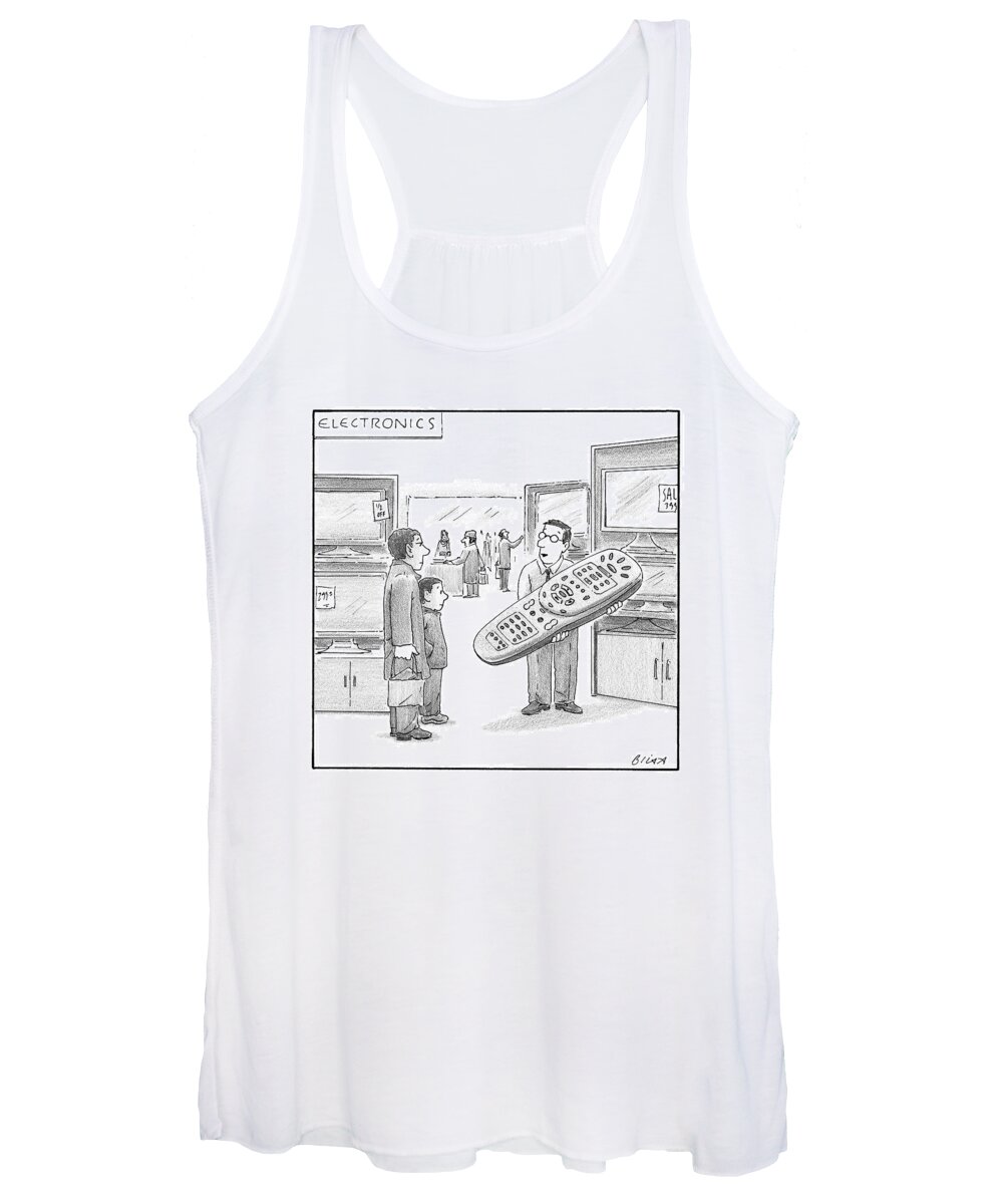 Cctk Women's Tank Top featuring the drawing A Man In An Electronics/tv Store Shows A Customer by Harry Bliss