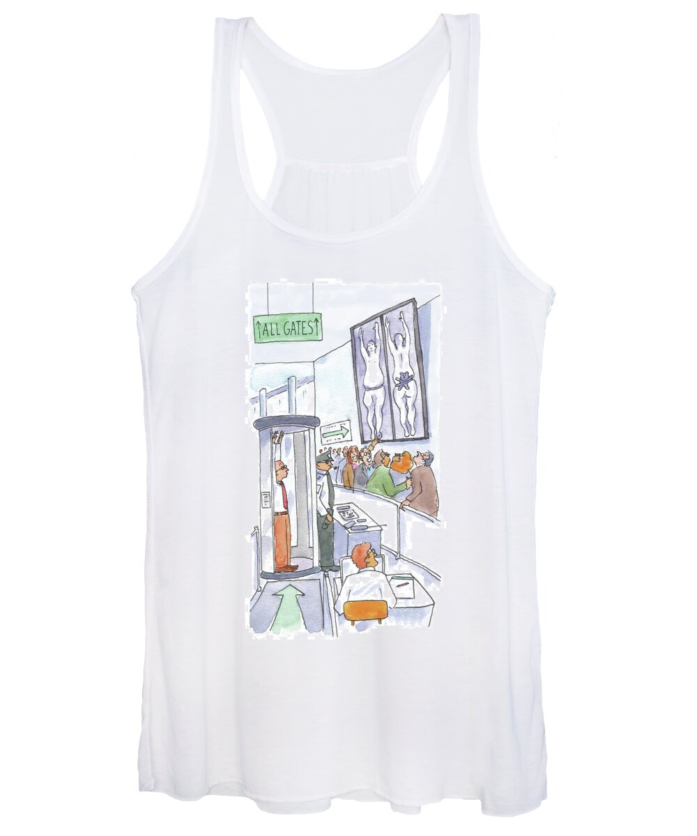 Airport Security Women's Tank Top featuring the drawing A Man Is Is Held Up By Airport Security by Michael Crawford