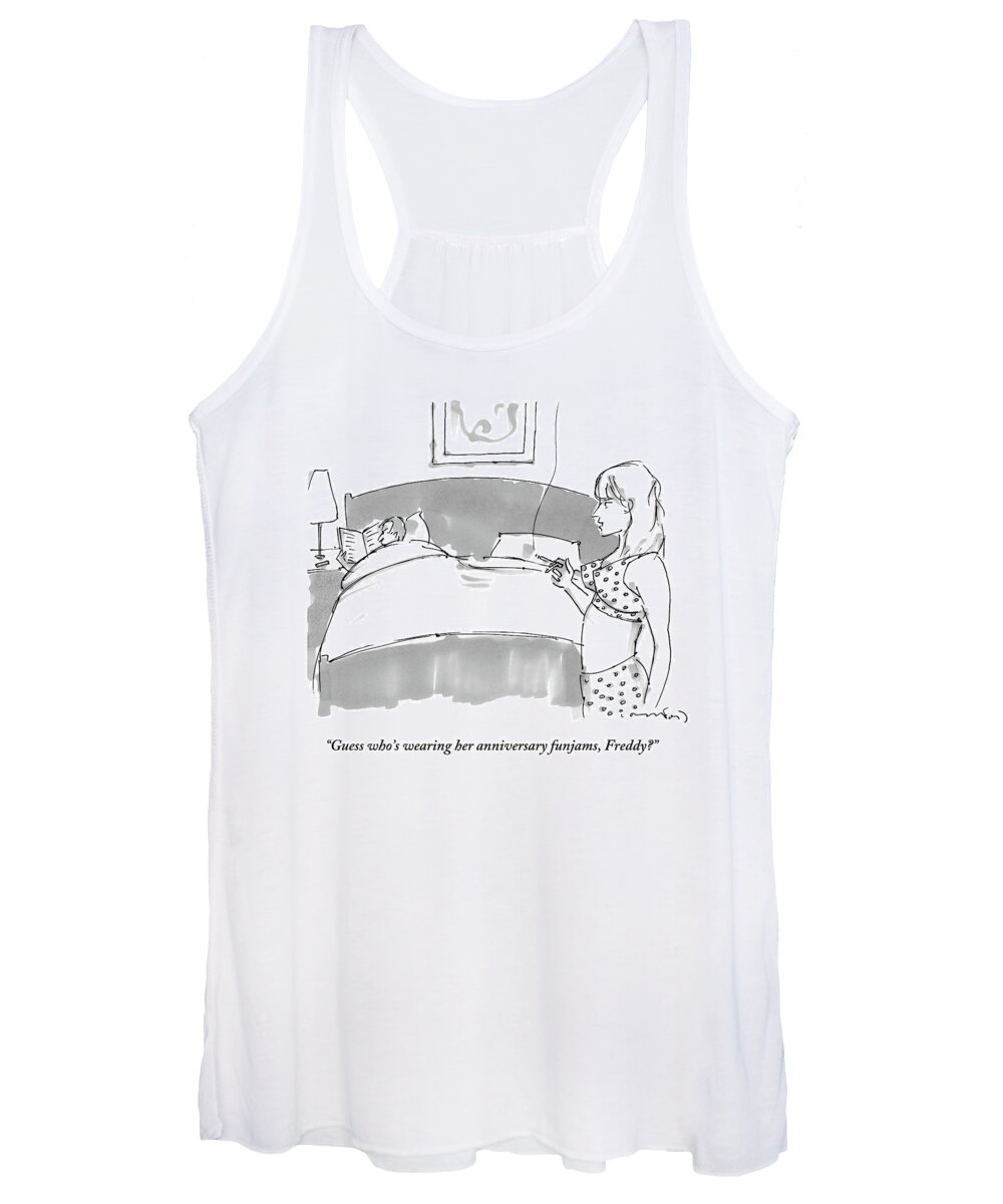Man Women's Tank Top featuring the drawing A Man Is Laying On One Side Of A Big Bed Reading by Michael Crawford
