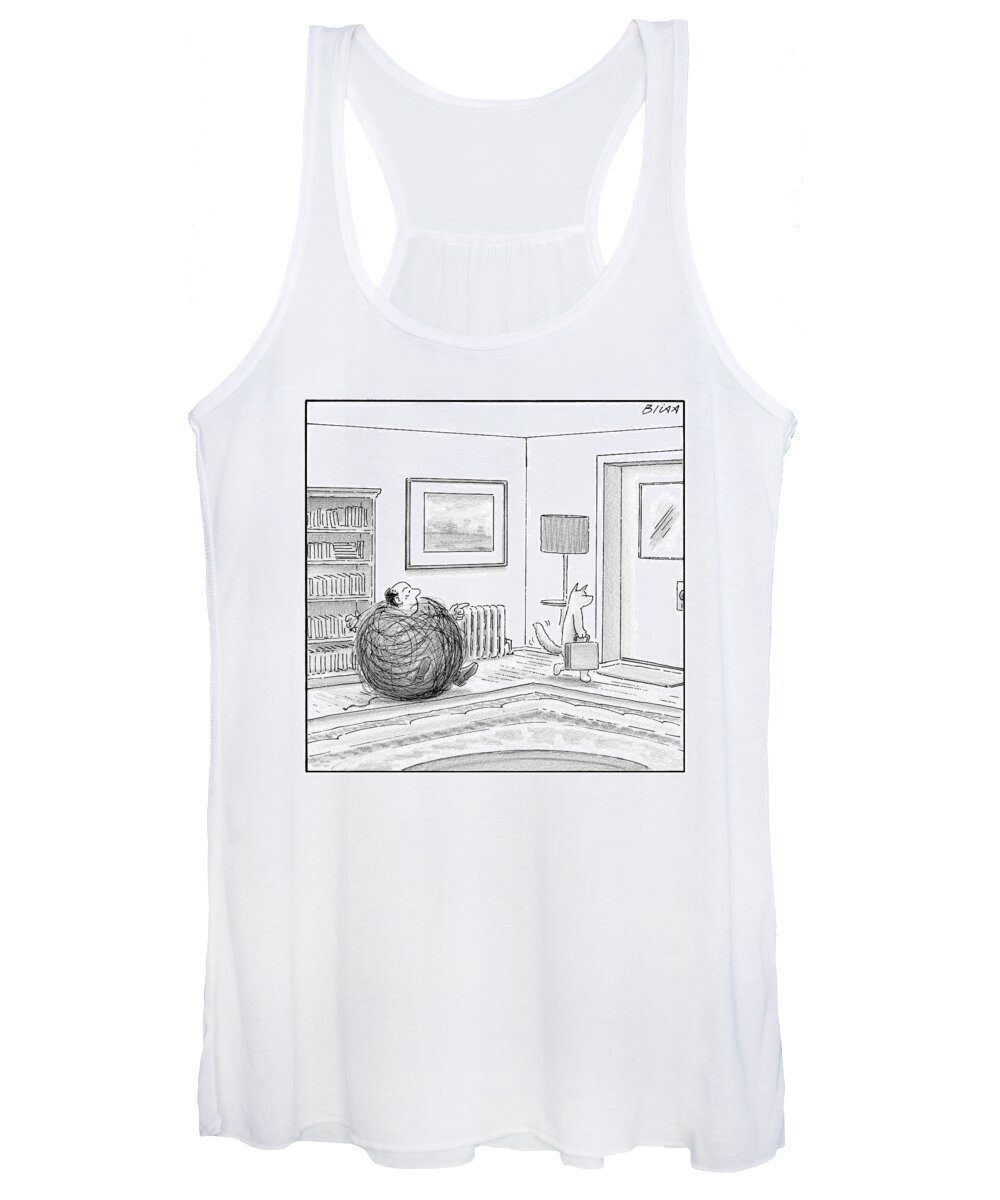Captionless Women's Tank Top featuring the drawing A Man Is Stuck In A Yarn Ball And His Cat Leaves by Harry Bliss