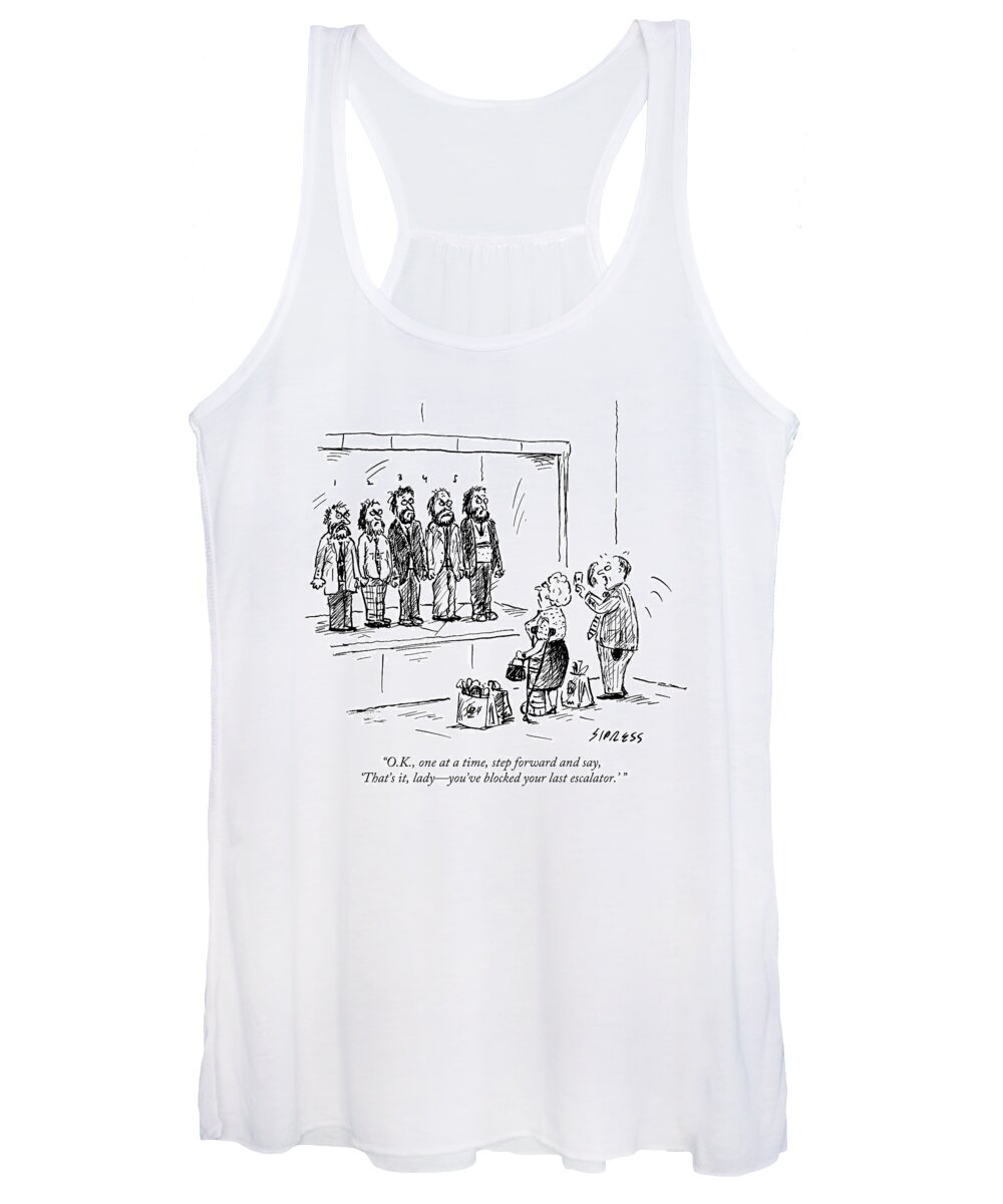 Old People Women's Tank Top featuring the drawing A Man Speaks To Lineup Of Frustrated Looking by David Sipress