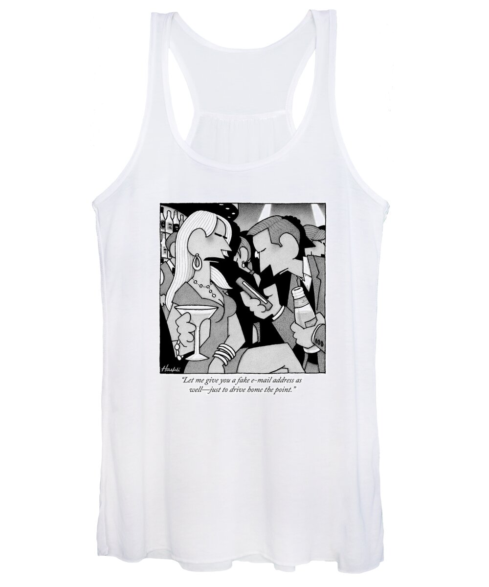 Phone Number Women's Tank Top featuring the drawing A Man Takes Down A Woman's Phone Number At A Bar by William Haefeli