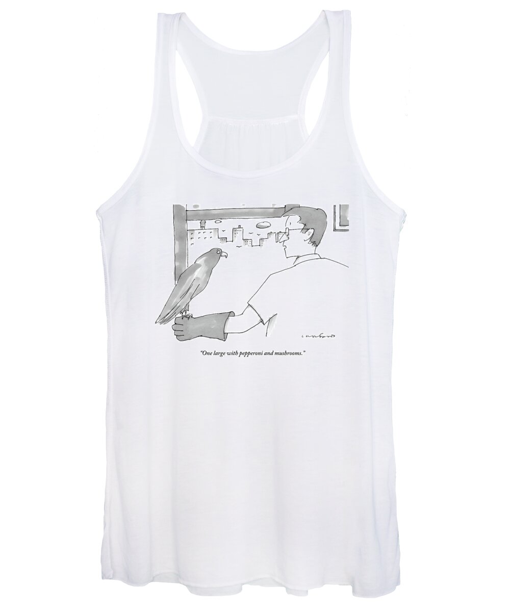 Pizza Women's Tank Top featuring the drawing A Man Tells His Hawk On His Forearm To Fetch by Michael Crawford