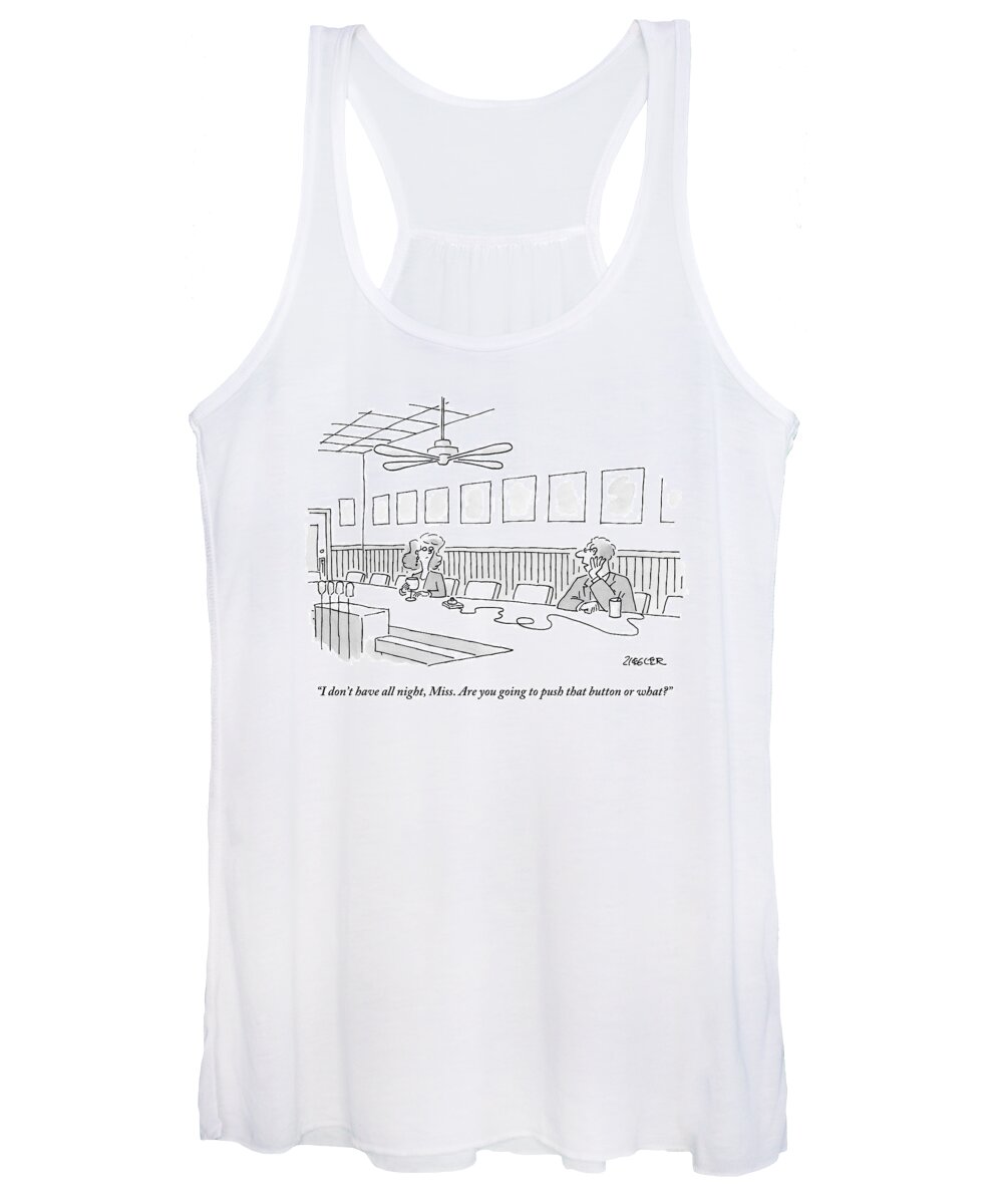 Bar Women's Tank Top featuring the drawing A Man Trying To Pick Up A Girl At The Bar Passes by Jack Ziegler