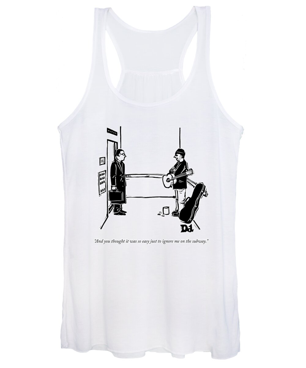 Elevator Women's Tank Top featuring the drawing A Man With A Guitar And Open Guitar Case Stands by Drew Dernavich