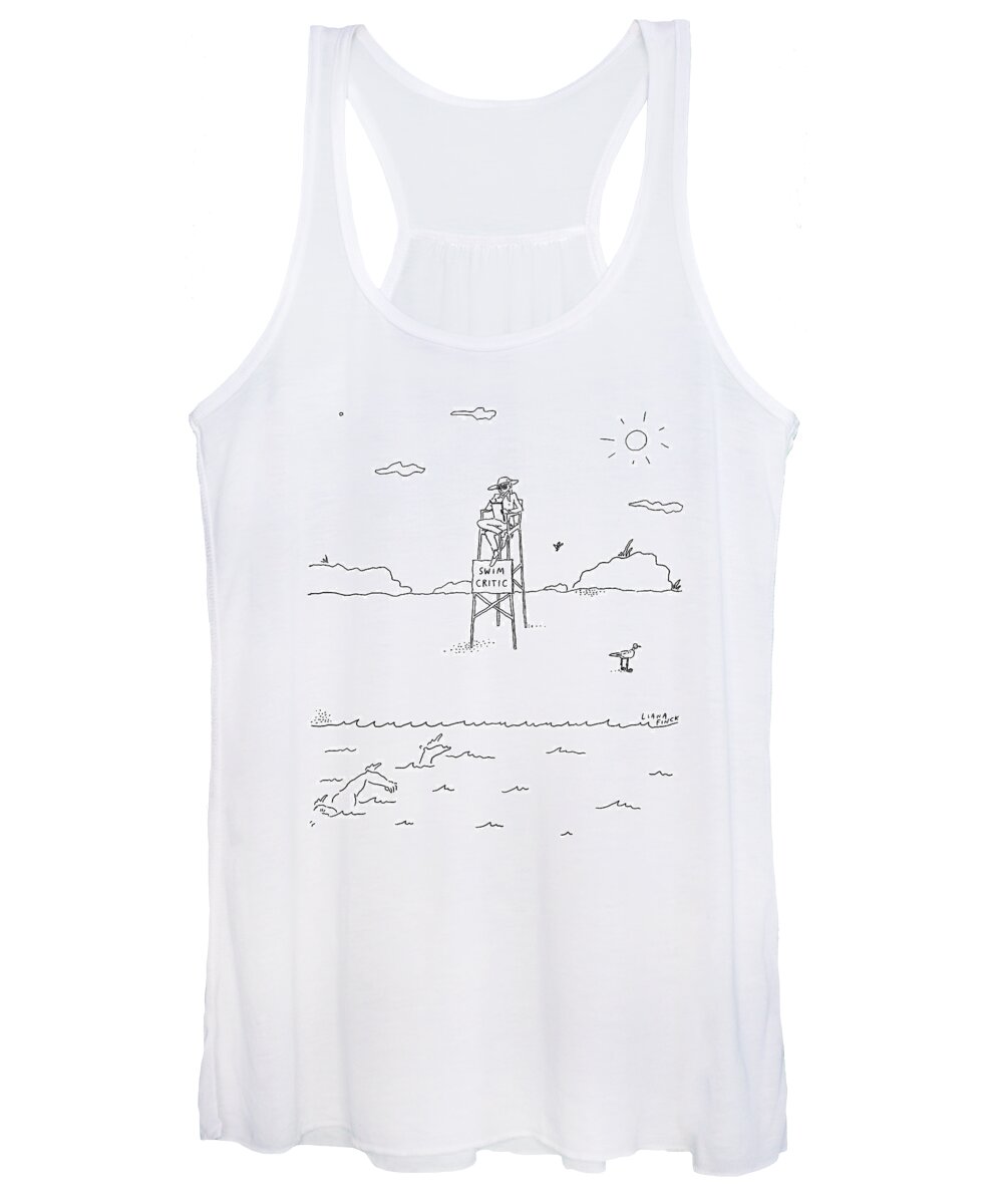 Captionless Swim Critic Women's Tank Top featuring the drawing A Man With A Notebook Sits In A Lifeguard Chair by Liana Finck